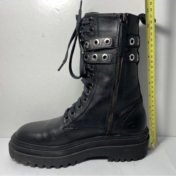 ZARA Black Leather Combat Boots Double Buckle Grommet Lace Up Lug Sole Size 7.5 - Picture 10 of 16